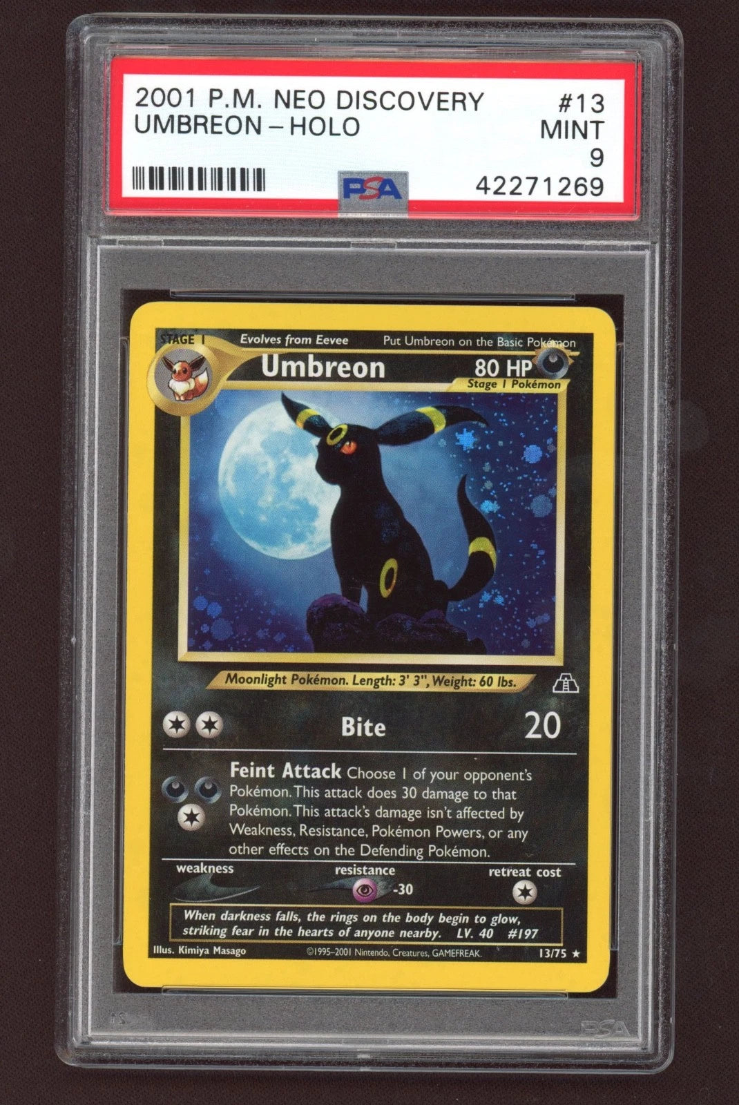 Umbreon Holo Pokemon Card Neo Discovery 13/75 ARK BGS PSA 9